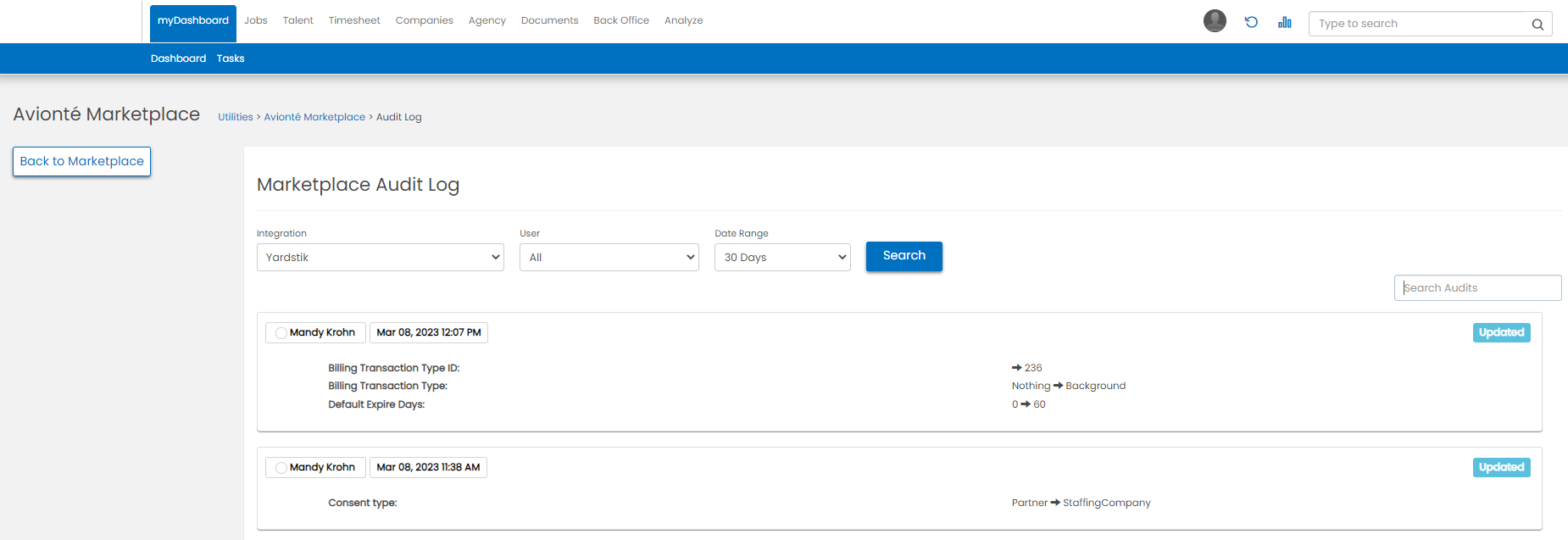Marketplace Audit filters and search