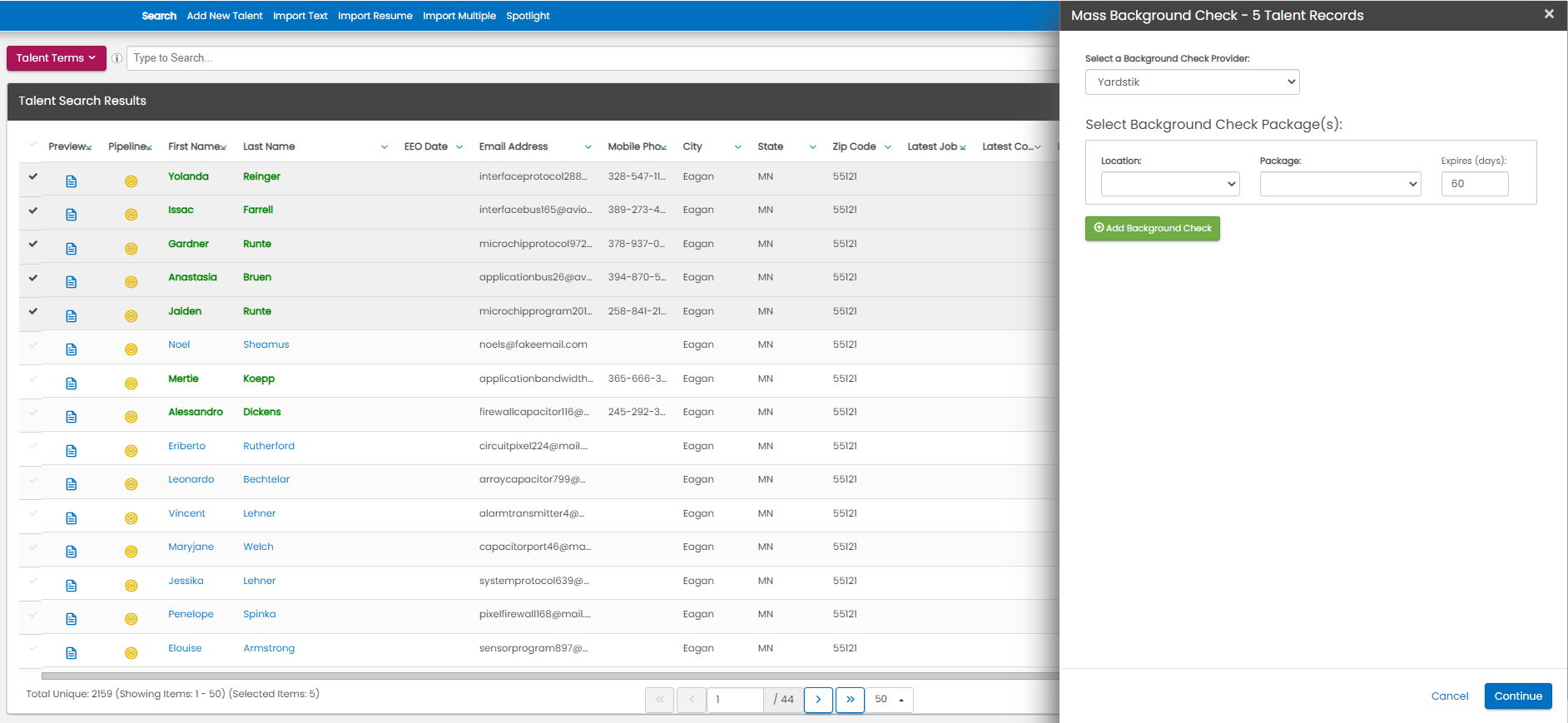 Mass Background Check order screen