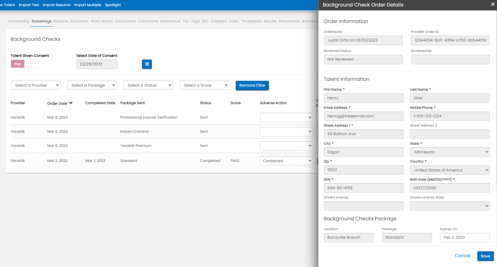 Talent Screening page with field definitions highlighted
