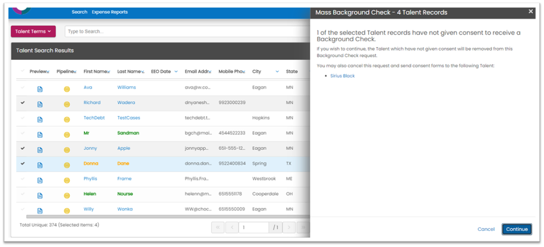 Consent validation check on Talent Screening page