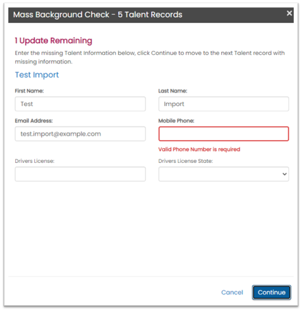 Mass order data validation — highlighted missing fields (Staffing Company Consent)