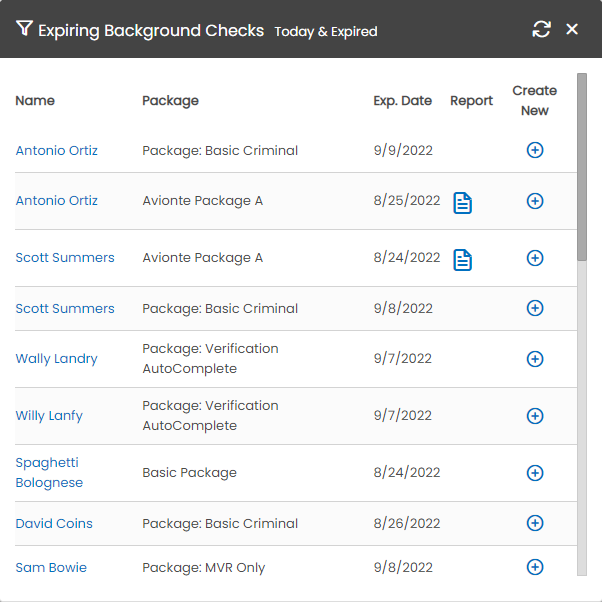 Expiring Background Checks widget showing expiring orders