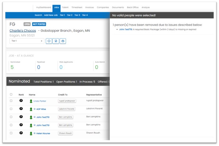 Placement validation error displayed in the placement flyout