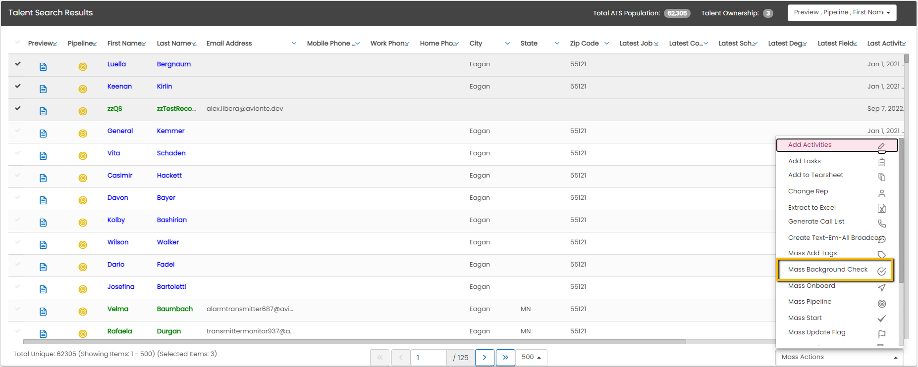 Mass background check selection from Talent Search