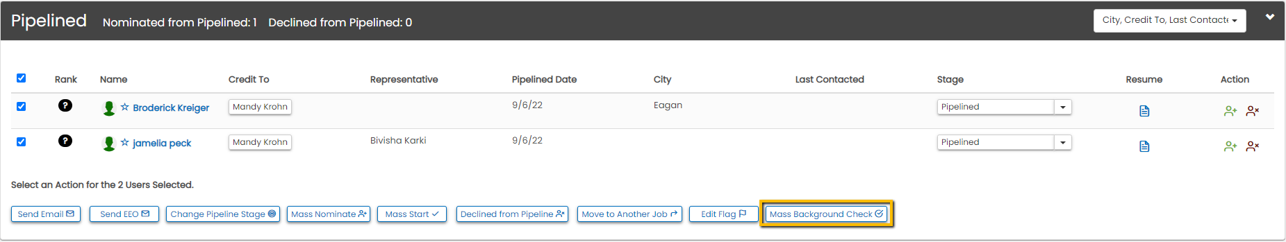 Mass background check selection from Job Pipelined section
