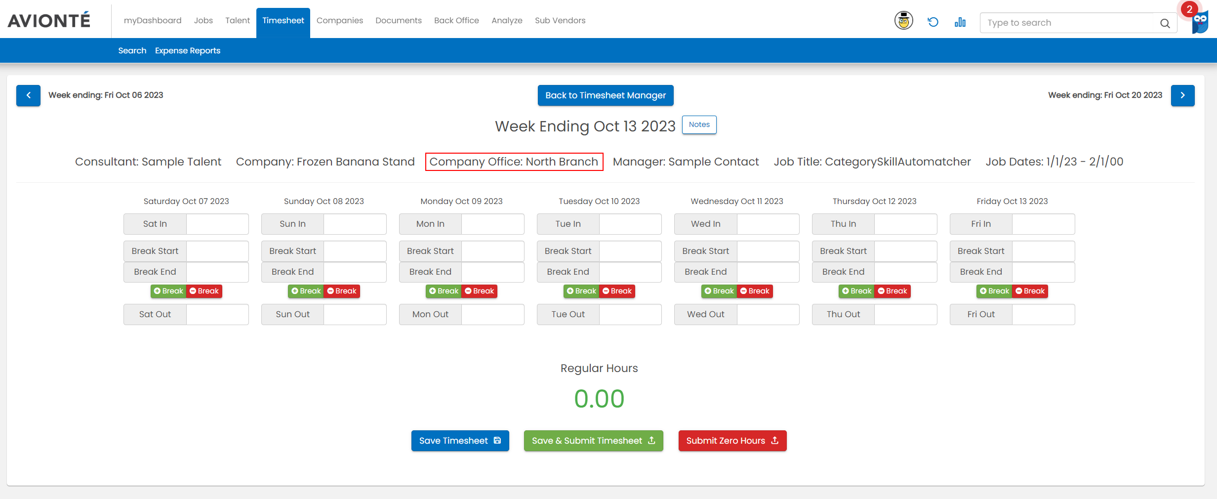 View Company Office On Timesheets 10/27/2023 [RN] Avionte Bold