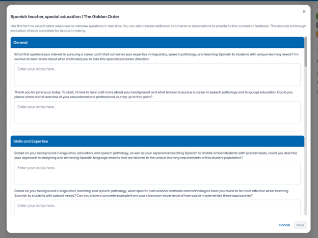 Interview script with note-taking interface