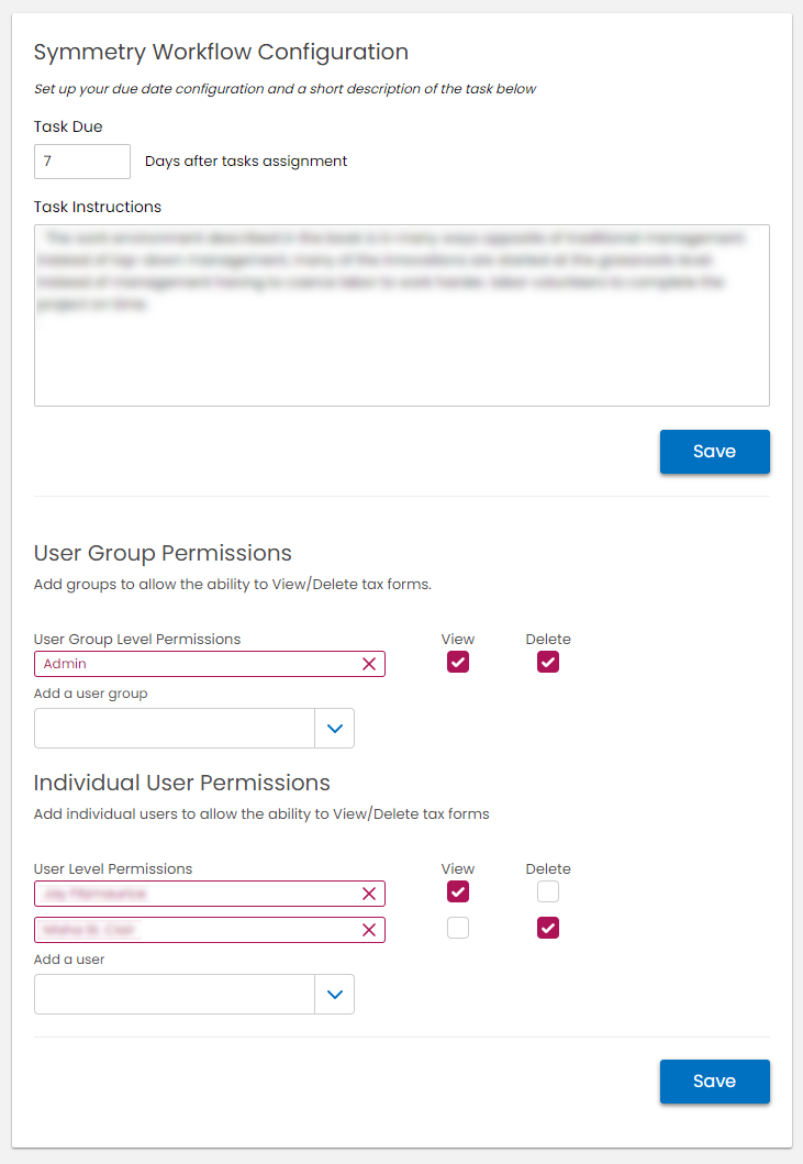 Symmetry task permissions configuration