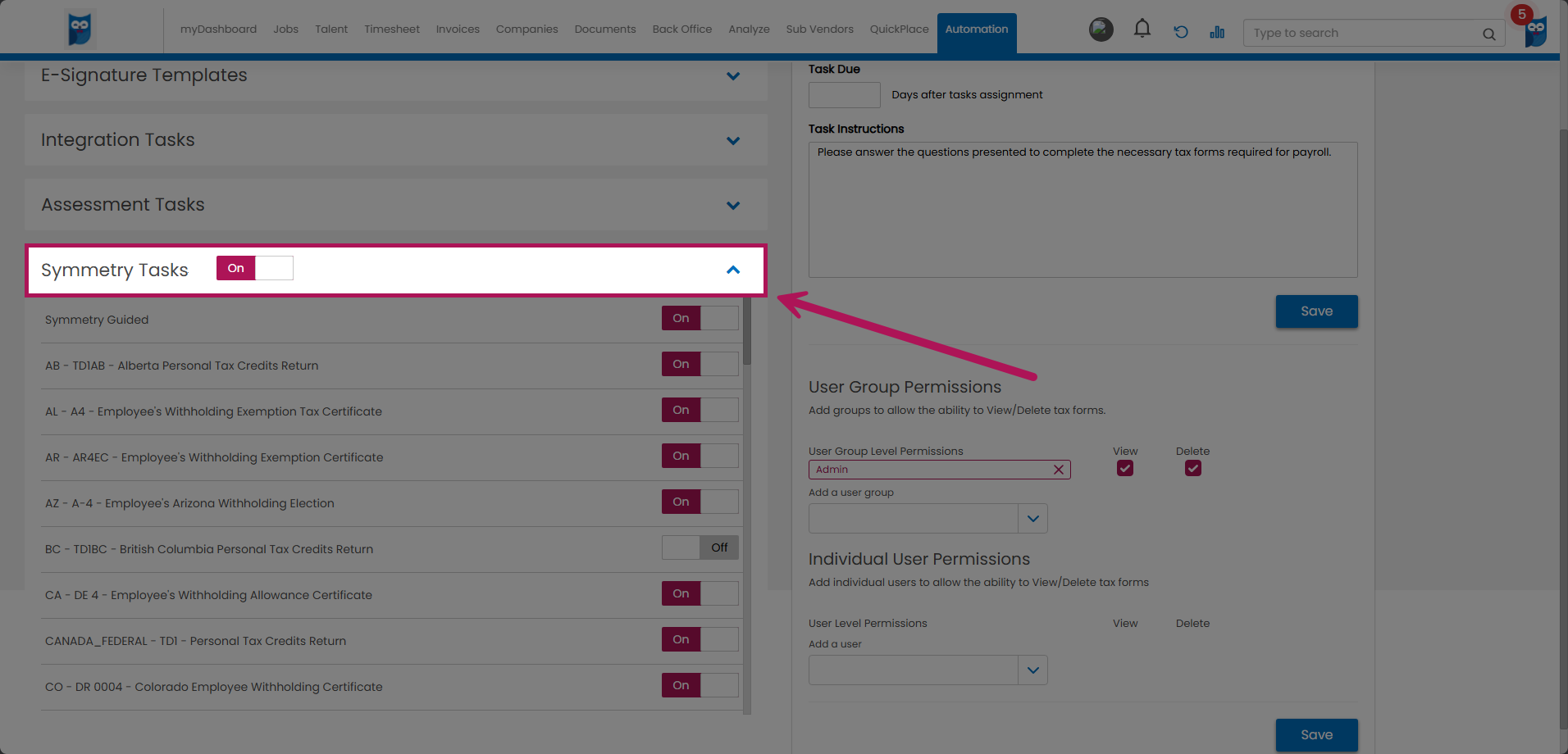 Bold - Talent Onboarding Tasks - Symmetry Tasks Highlighted