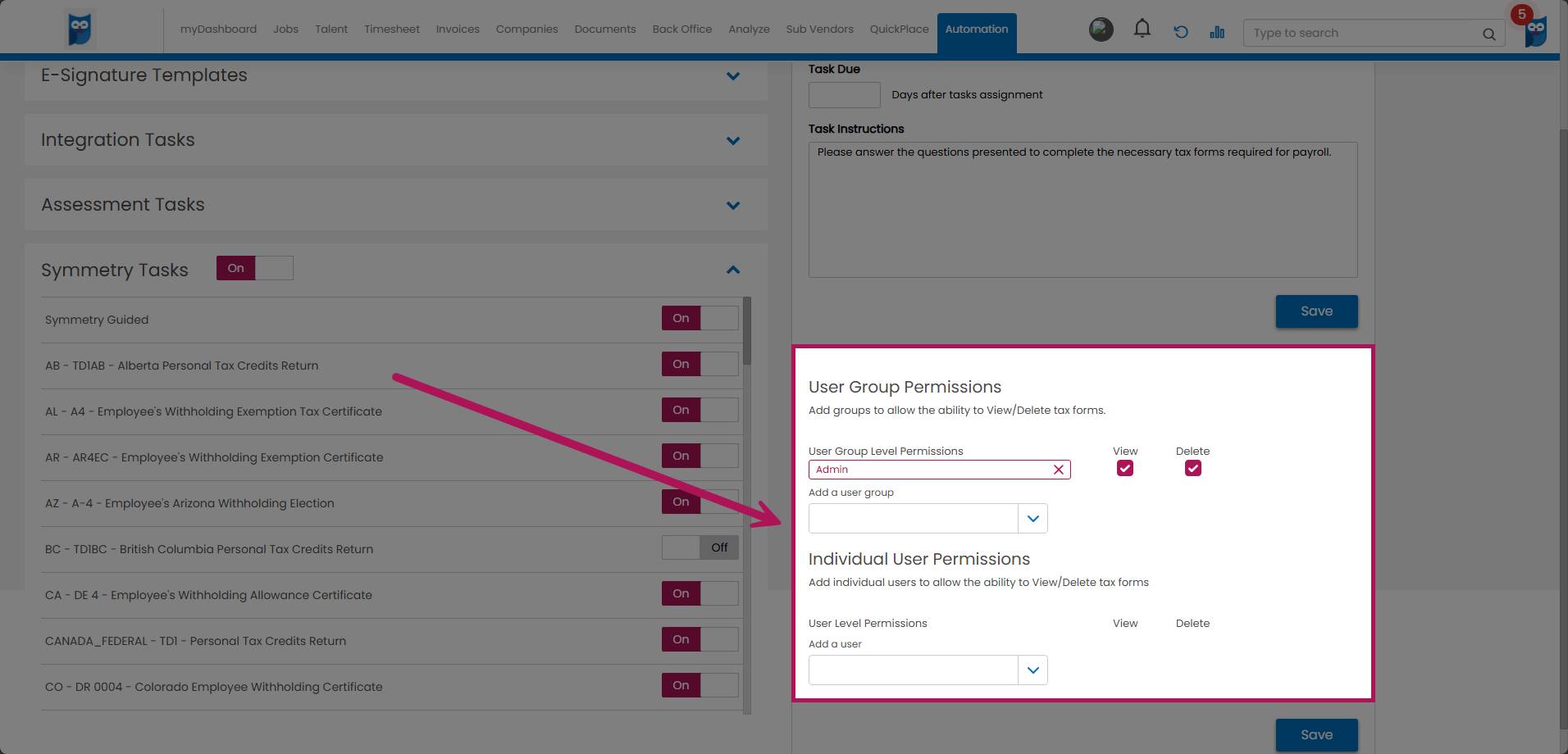 Bold - Talent Onboarding Tasks - Permissions Section