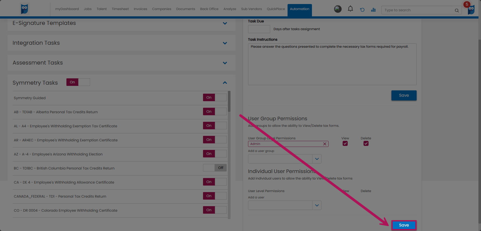 Bold - Talent Onboarding Tasks - Save Button