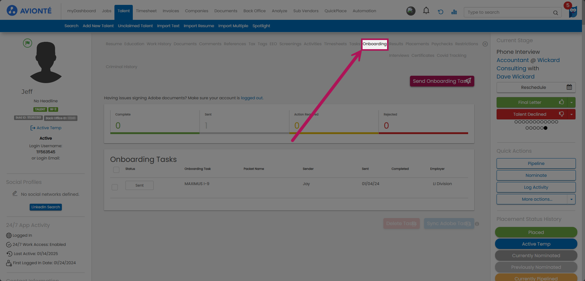 Bold - Talent Profile - Onboarding Tab Highlighted