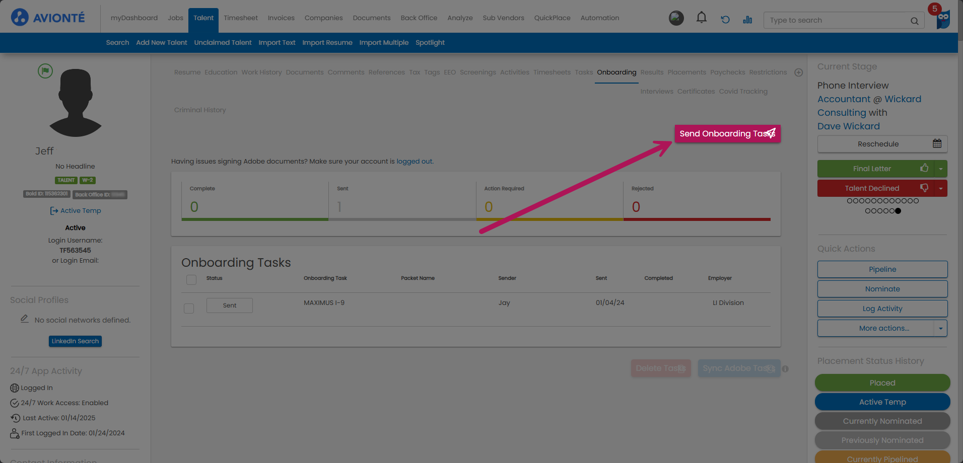 Bold - Talent Profile - Send Onboarding Tasks Button