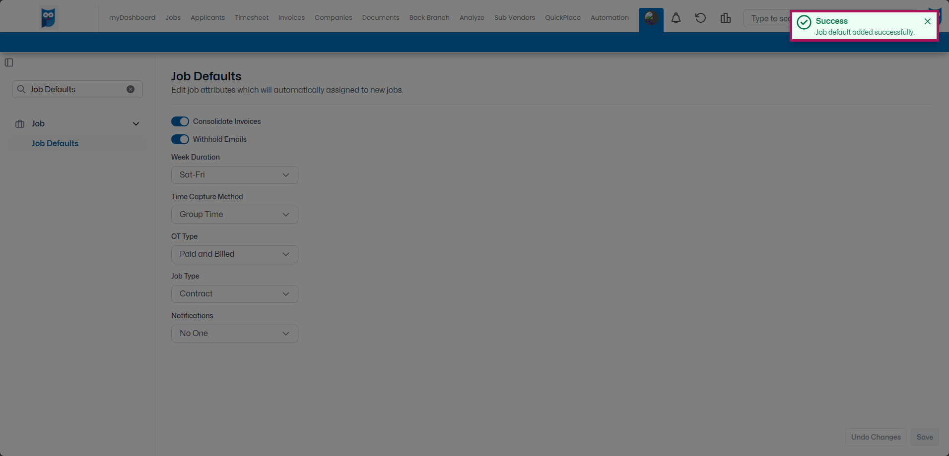 Bold - Table Editor - Job - Job Defaults - Save Success Pop-Up.png
