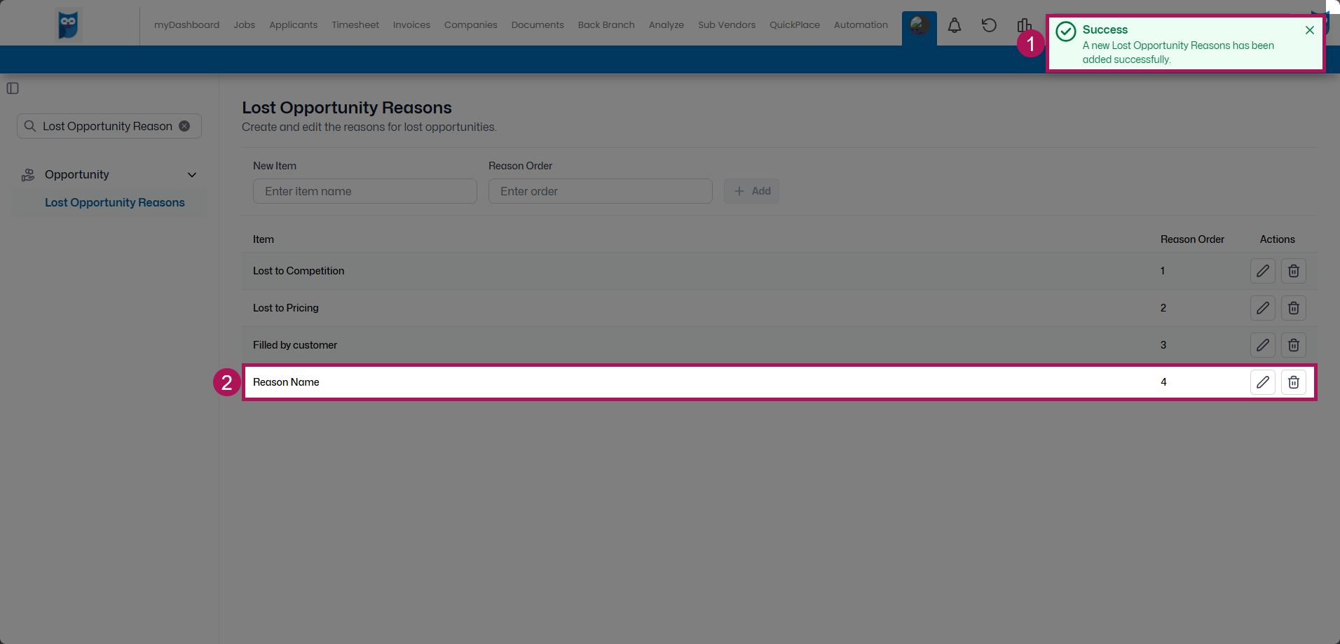 Bold - Table Editor - Opportunity - Lost Job Opportunity Reasons - New Reason Added Successfully Pop Up & Name Highlighted.png