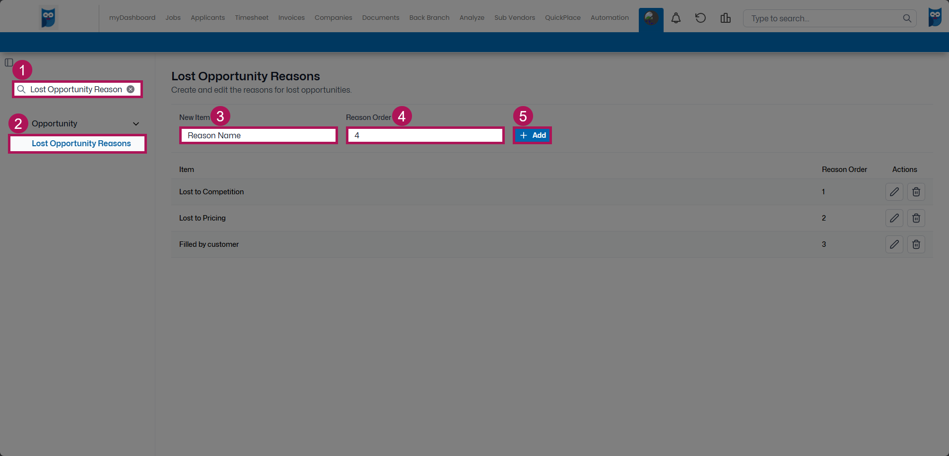 Bold - Table Editor - Opportunity - Lost Job Opportunity Reasons - New Item Field Filled & Order Selected & Highlighted.png