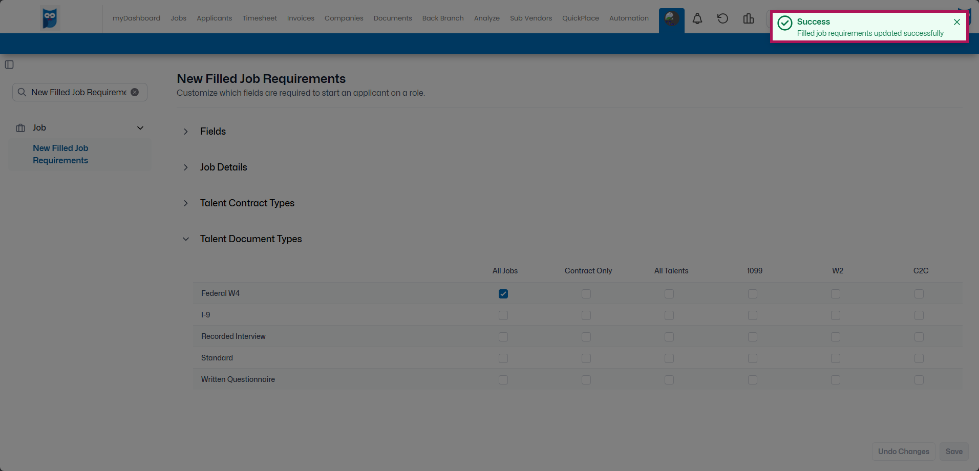Bold - Table Editor - Jobs - New Filled Job Requirements - Talent Document Types Expanded - Requirements Added Successfully Pop-Up Highlighted.png