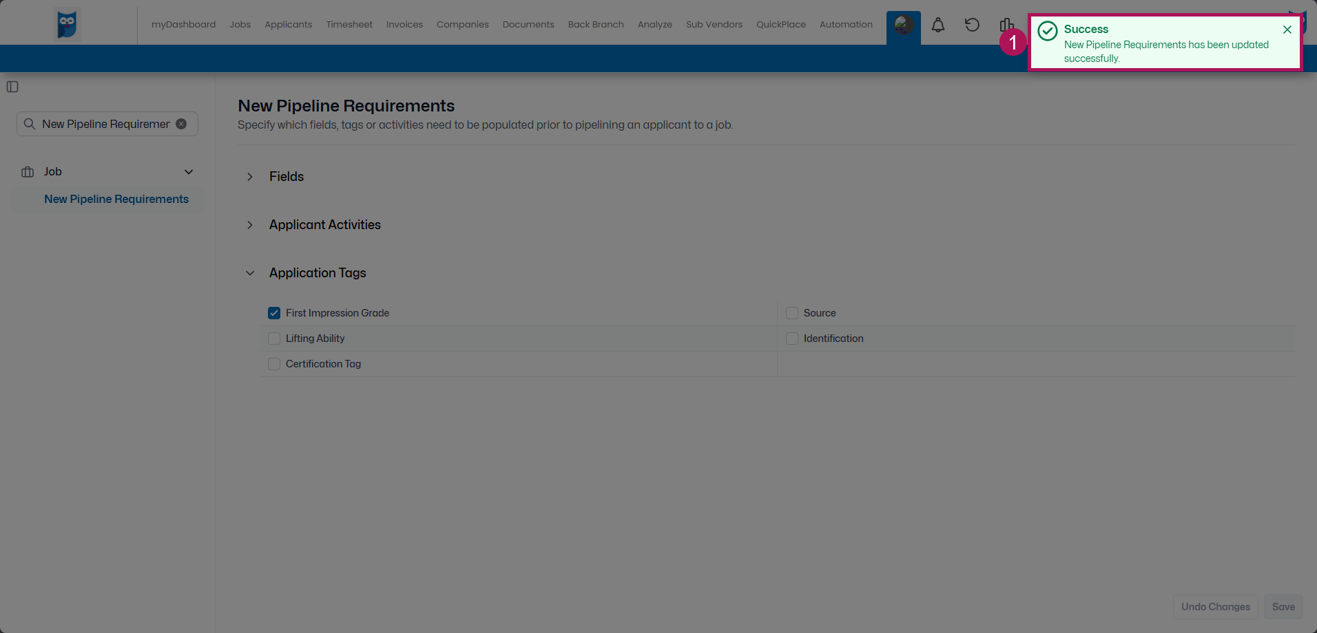 Bold - Table Editor - Job - New Pipeline Requirements - Applicant Tags Expanded - Tag Added Success Pop-Up Highlighted.png