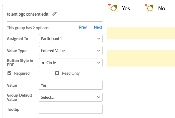 Radio button configuration example