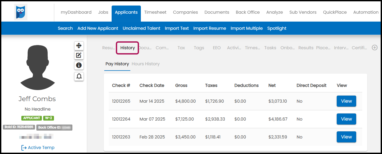Pay History tab