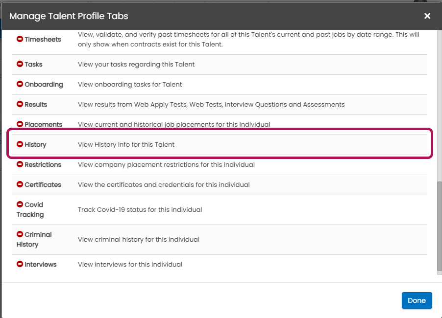 History tab enabled on talent profile view