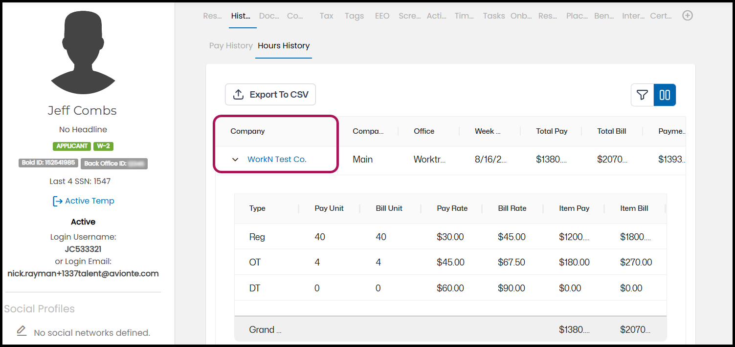 Work Hours History company dropdown
