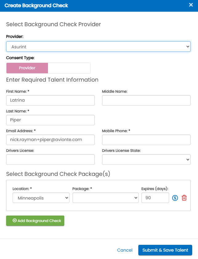 Create Background Check flyout with Provider Consent