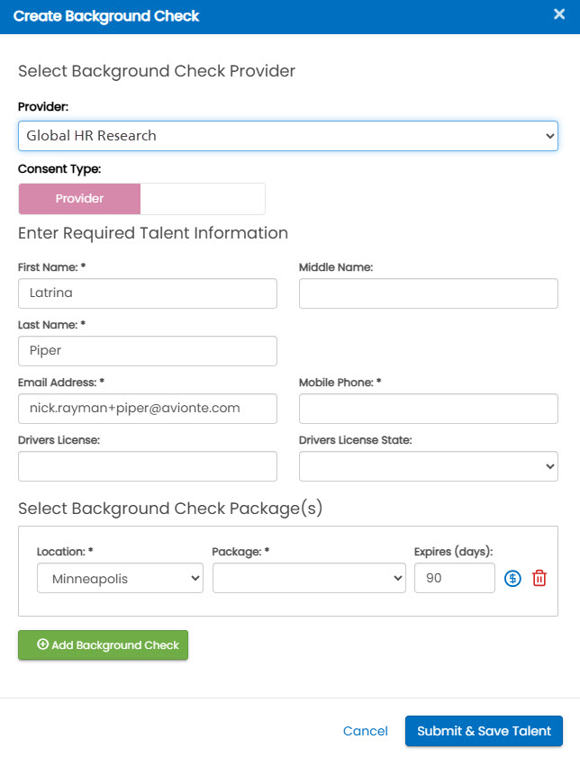 Create Background Check flyout with Provider Consent