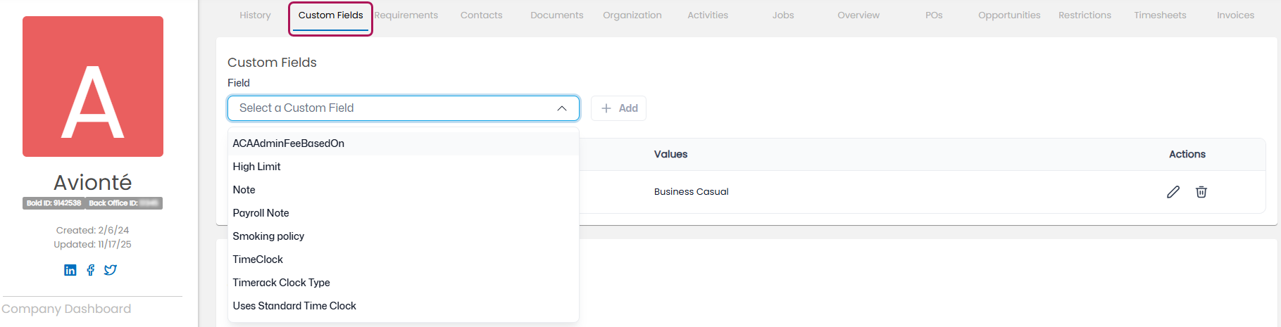 Company Profile Custom Fields tab
