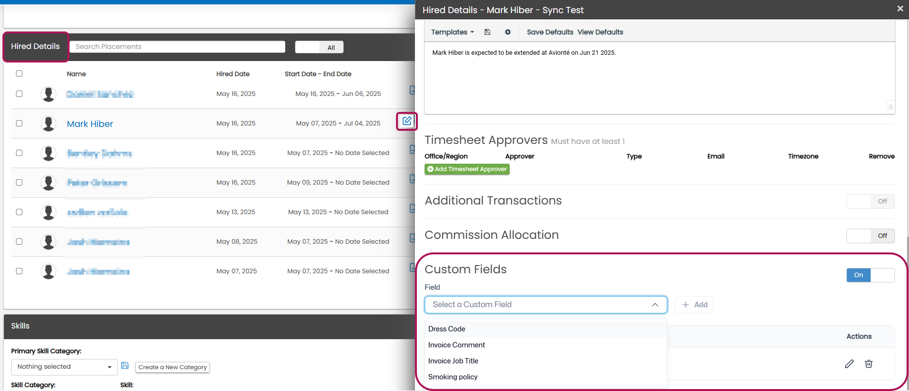 Placement Hired Details Custom Fields section