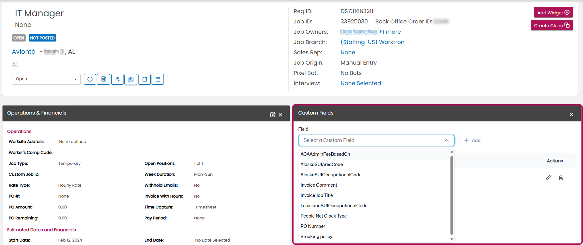 Job Details Custom Fields widget