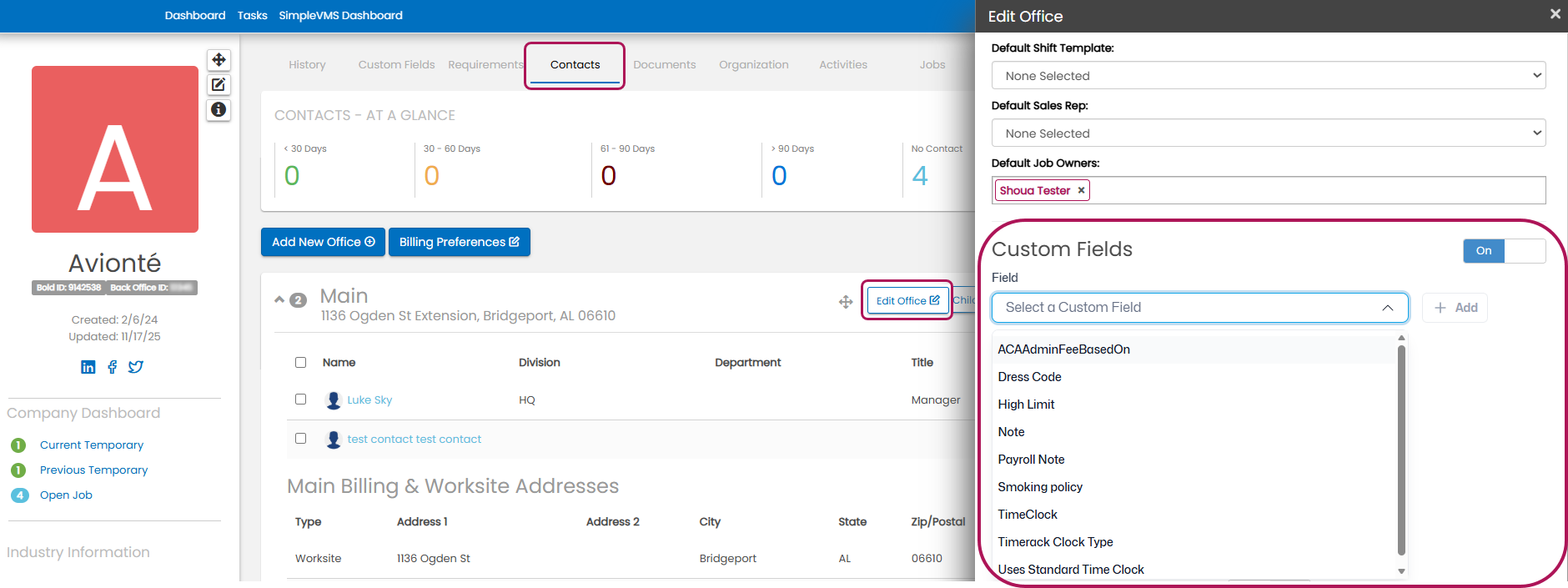 Company Edit Office Custom Fields section