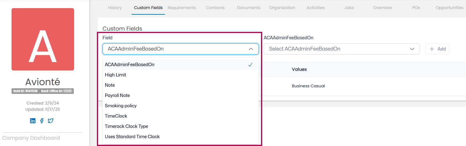 Custom Field dropdown options