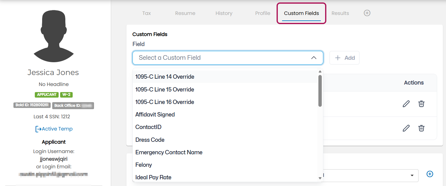 Talent Profile Custom Fields tab