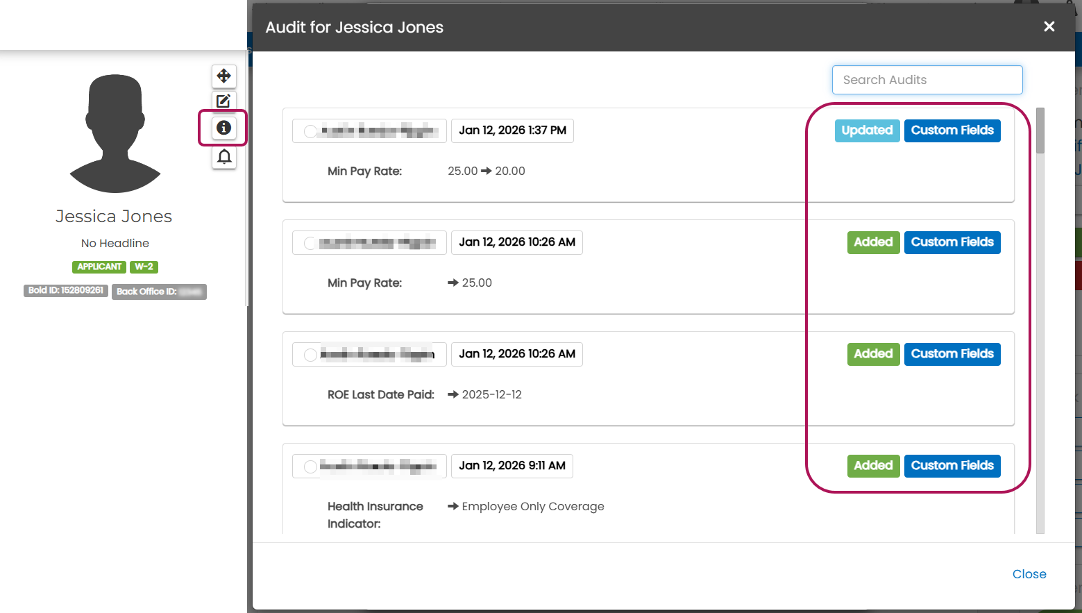 Talent audit log