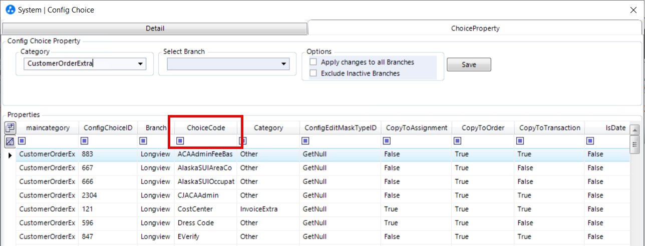 ChoiceCode column