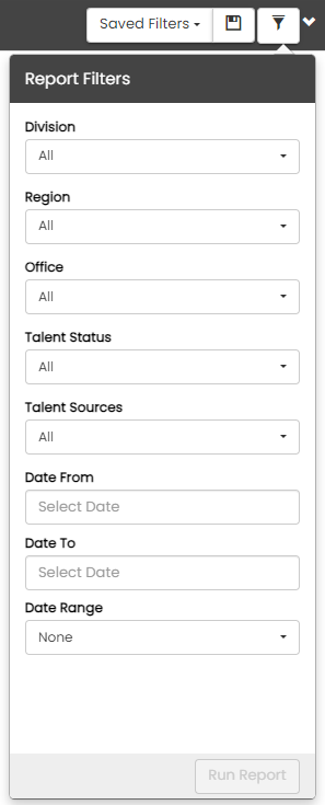Talent Sources filter panel showing Division, Region, Office, Talent Status, Talent Sources, and date filter options