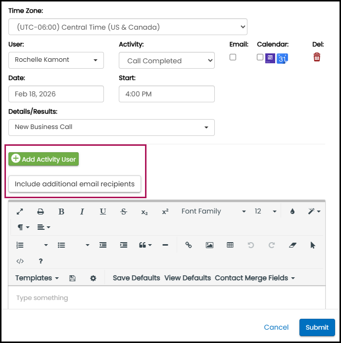 Contact profile activities - add activity user