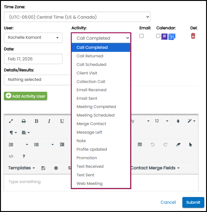 Contact Profile Activity drop down