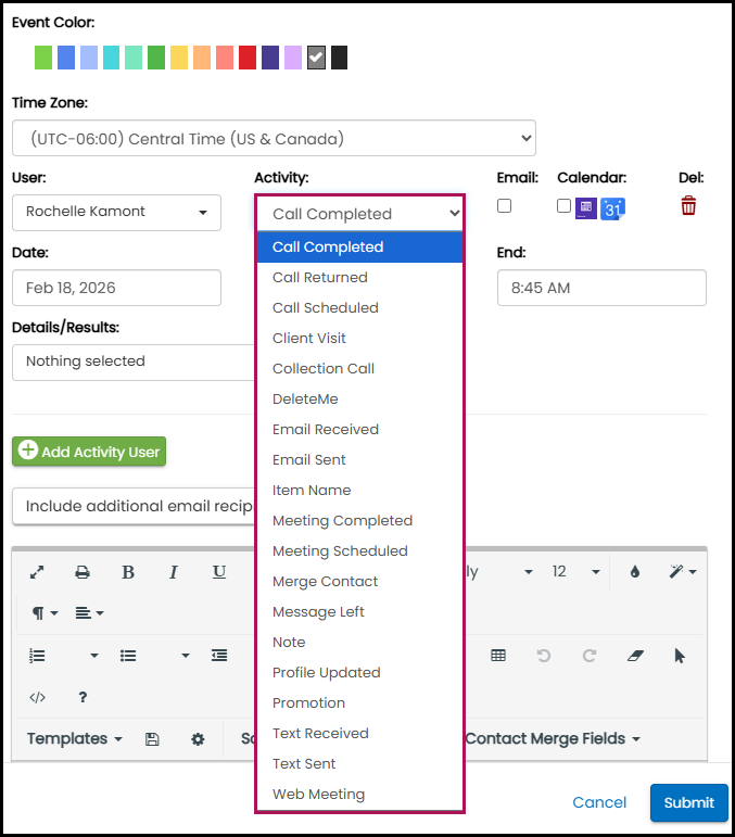 Contact profile Task activity dropdown