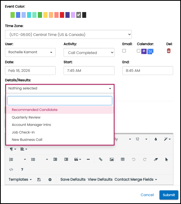 Contact profile Task details and results dropdown