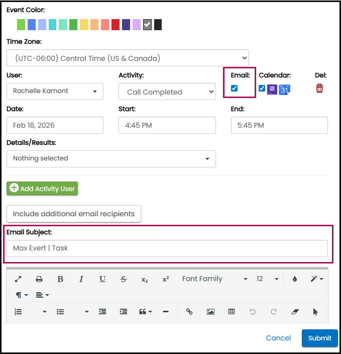 Task email and subject