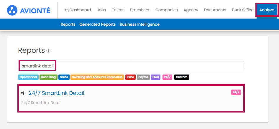 24/7 SmartLink Detail report access steps showing Analyze tab and search