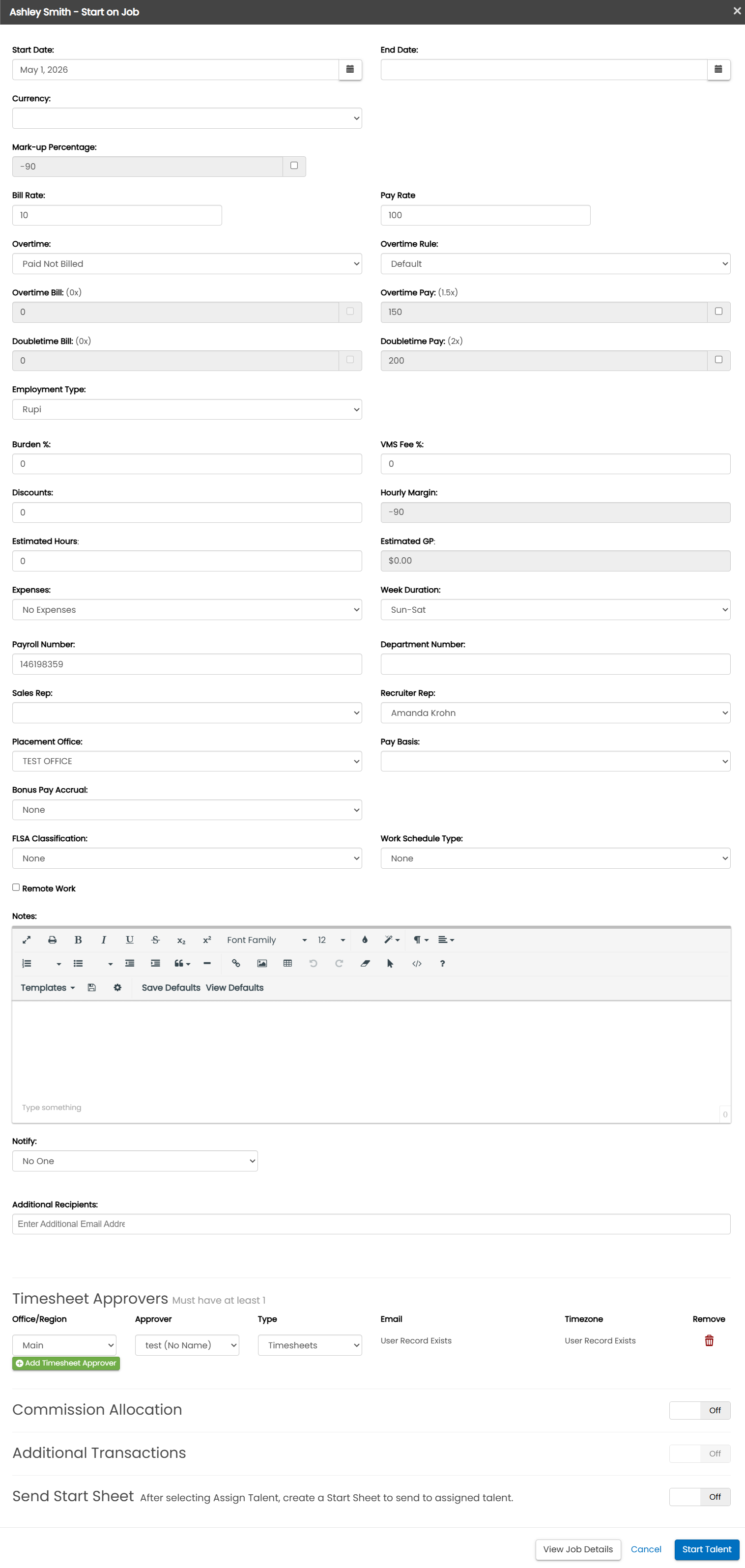 Start on Job flyout showing all placement fields