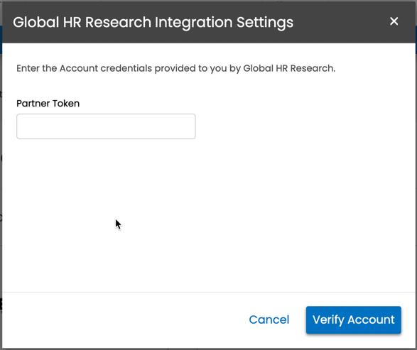 Global HR Research integration settings showing Partner Token field