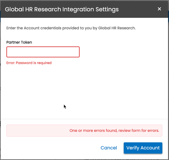 Validation error message for missing Partner Token