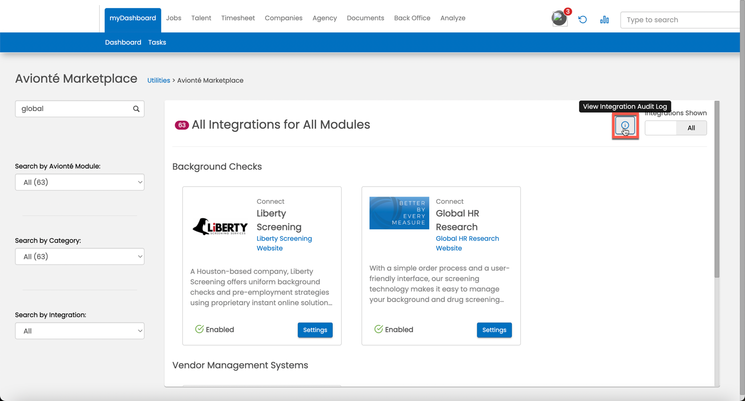 View Integration Audit Log button on the Marketplace main page