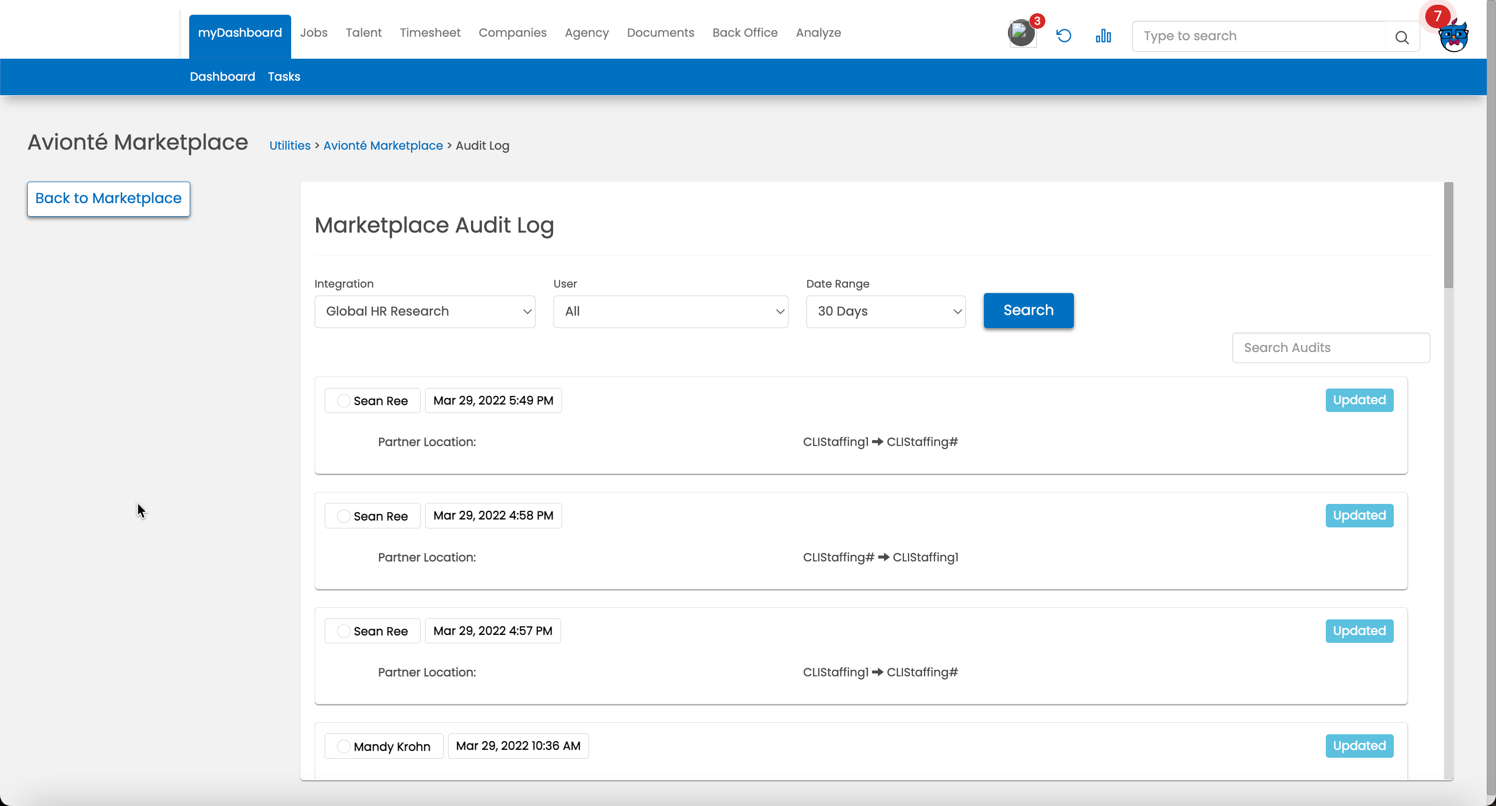 Marketplace Audit Log with Global HR Research selected