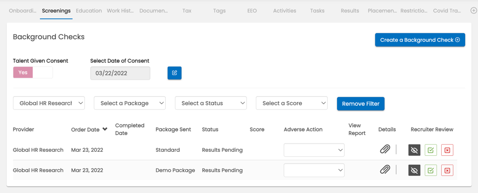 Talent Screenings page showing ordered background checks