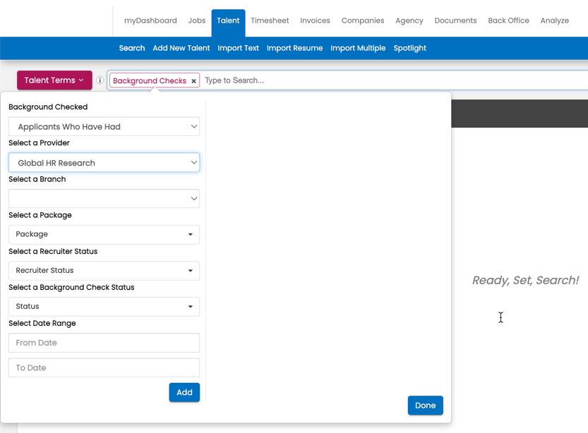 Background Check search terms applied in results